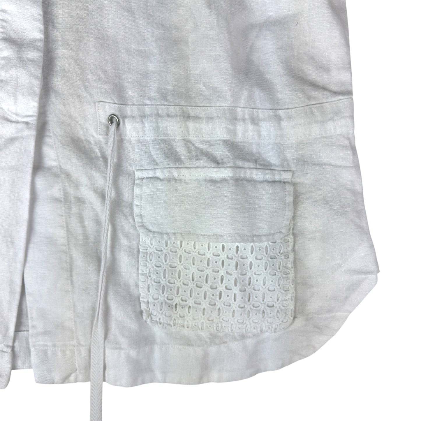 Saint Tropez West White Linen Button-Down Shirt with Lace Detail & Roll-Tab Sleeves