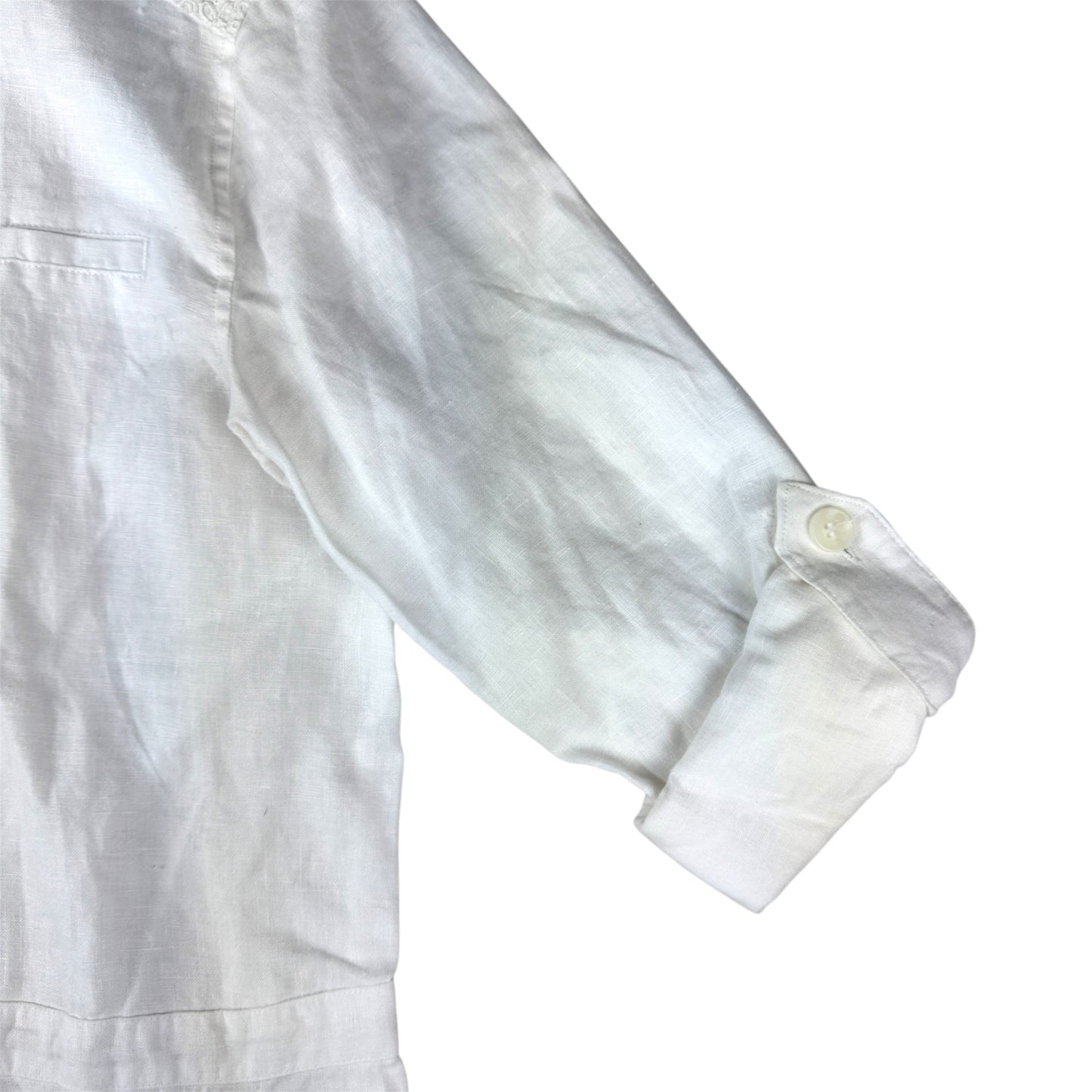 Saint Tropez West White Linen Button-Down Shirt with Lace Detail & Roll-Tab Sleeves