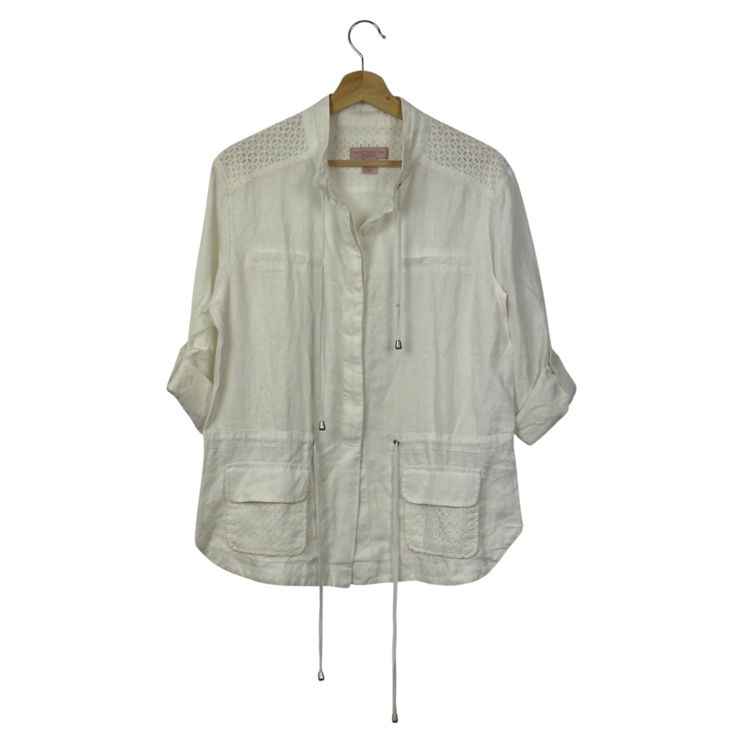Saint Tropez West White Linen Button-Down Shirt with Lace Detail & Roll-Tab Sleeves