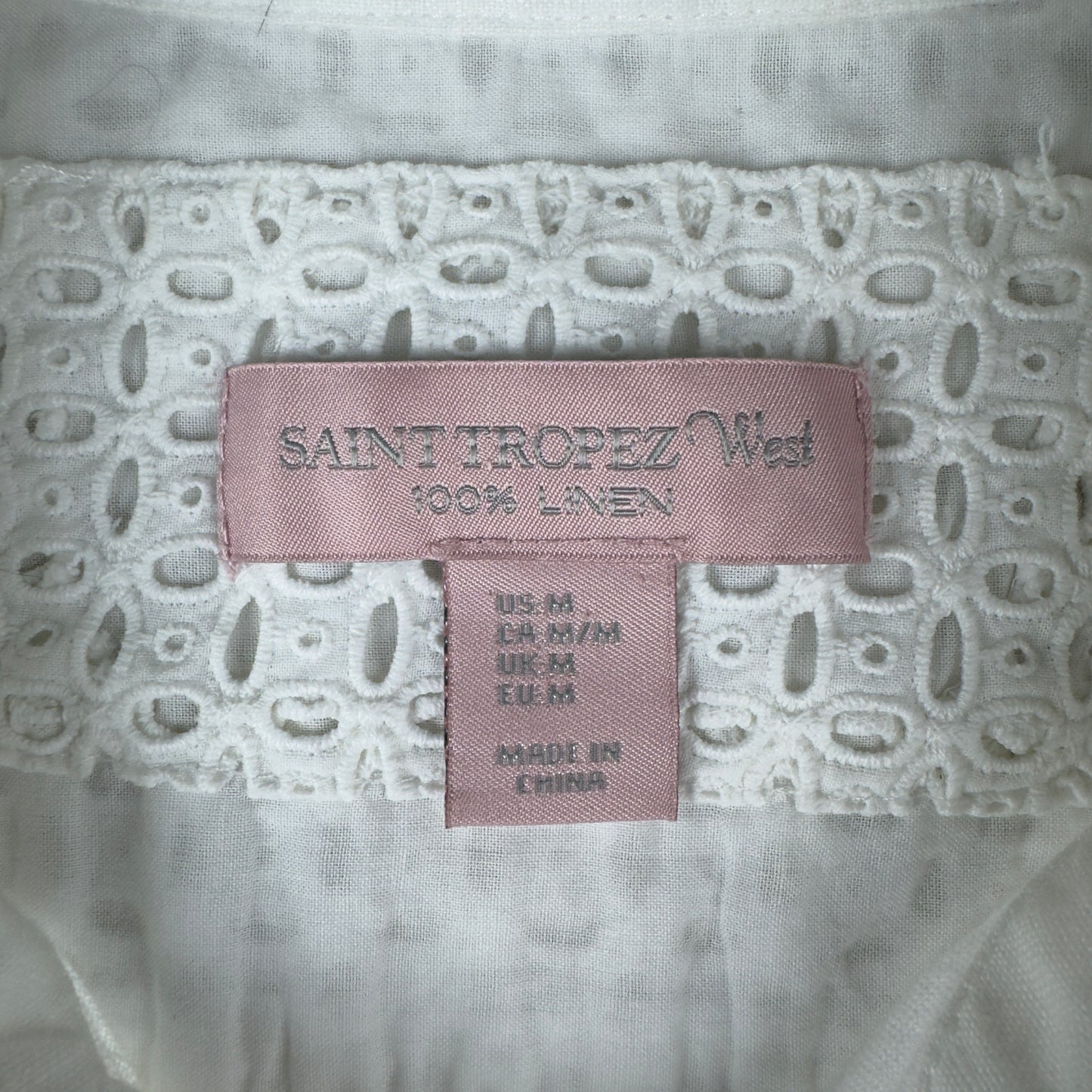 Saint Tropez West White Linen Button-Down Shirt with Lace Detail & Roll-Tab Sleeves