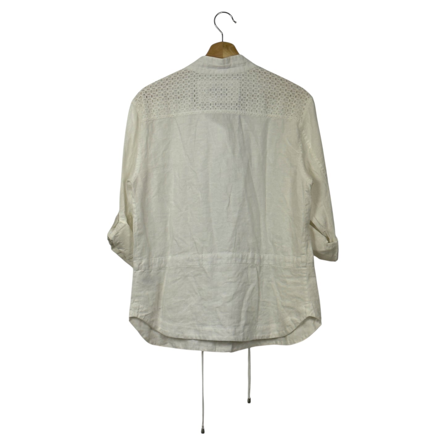 Saint Tropez West White Linen Button-Down Shirt with Lace Detail & Roll-Tab Sleeves