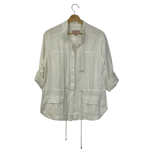 Saint Tropez West White Linen Button-Down Shirt with Lace Detail & Roll-Tab Sleeves